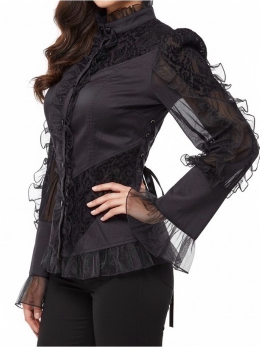 Clocolor Chic Black Ruffled Lace Blouse - Victorian Goth Elegance w Lace-Up Back